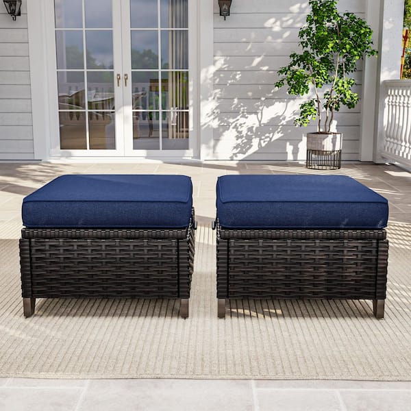 Brown Wicker Outdoor Patio Ottoman with Removable Blue Cushion