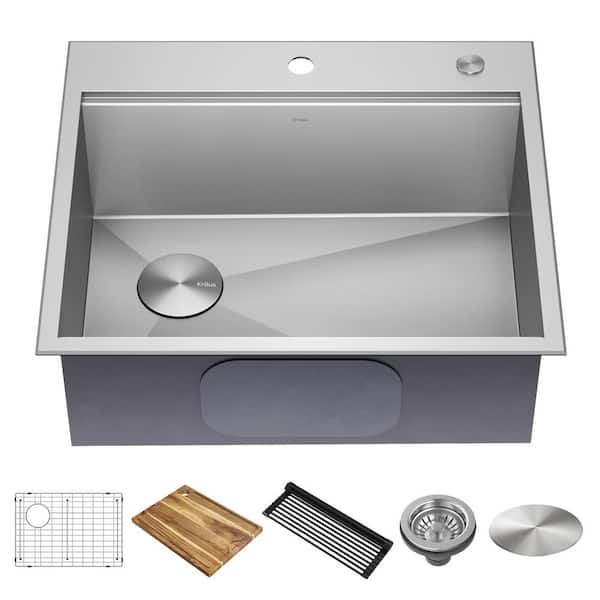 KRAUS Loften 25 in. Drop-In/Undermount Single Bowl 18 Gauge Stainless Steel Kitchen Workstation Sink with Accessories