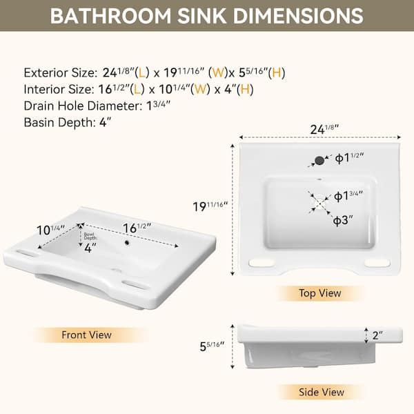 Zeafive 24 in. L x 19.7 W x 5.3 D ADA Wall-Hung Bathroom Sink