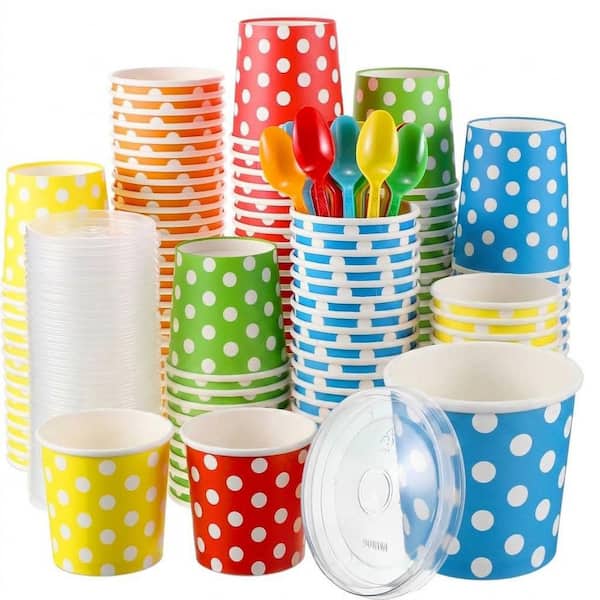 12 oz Disposable Colorful Paper Ice Cream Cups with Matching Lids and Spoons Set of 150 for Parties Use
