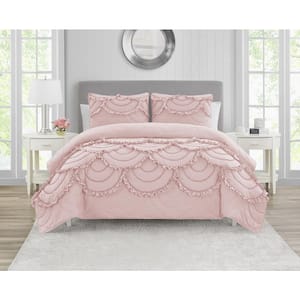Scallop Ruffle Blush Pink 3-Piece Garment Washed Soft Solid Microfiber Full/Queen Quilt Set