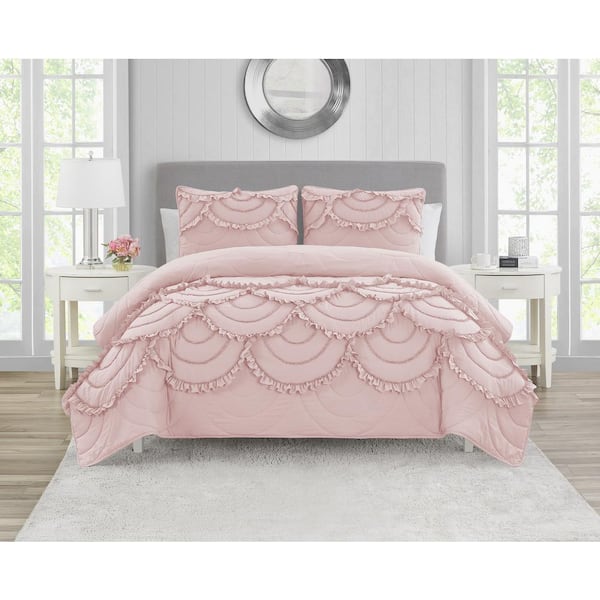 DESIGN STUDIO Scallop Ruffle Blush Pink 2-Piece Garment Washed Soft Solid Microfiber Twin Quilt Set