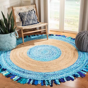 Cape Cod Turquoise/Natural 4 ft. x 4 ft. Round Striped Area Rug