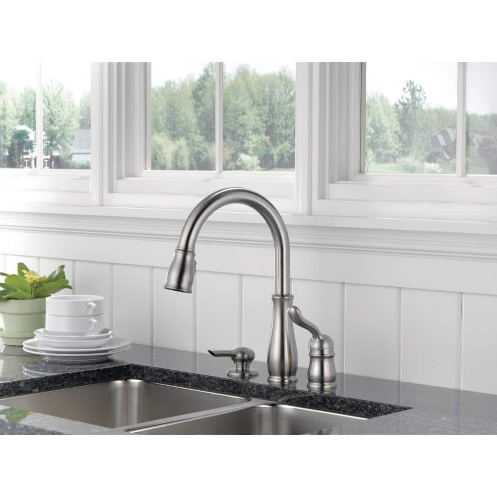 Leland Brushed Stainless Steel Pull-Down Kitchen Faucet with Soap Dispenser