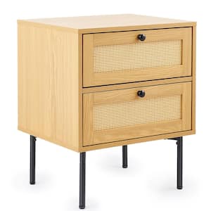 2 Drawer 13.2 in. W Wicker Rattan Nightstand Bedside Table with Drawers Metal Legs