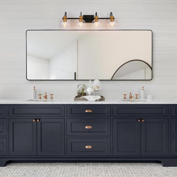 Black Marble and Brass Sink Vanity on Black Wall - Contemporary - Bathroom