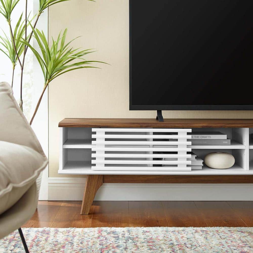 Walnut and White Mid-Century Modern 70" TV Stand with Sliding Doors