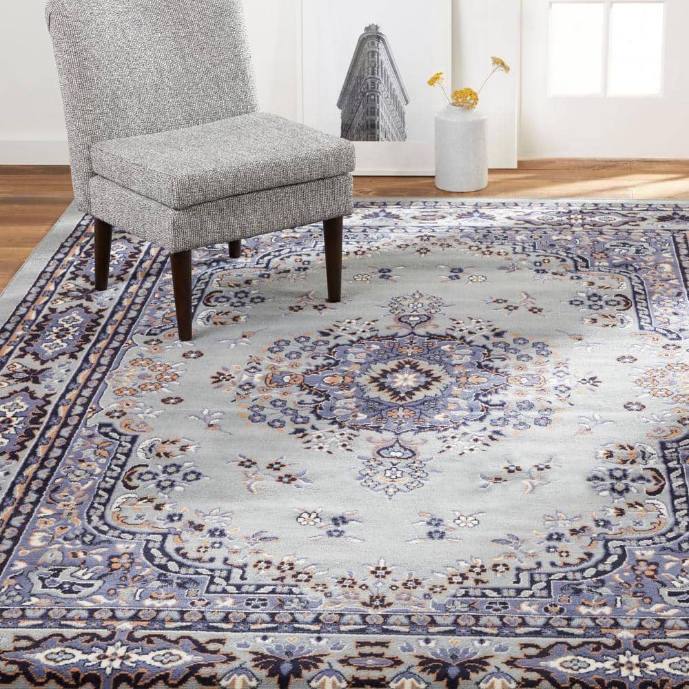 Premium Sakarya Gray and Blue Synthetic Medallion Area Rug