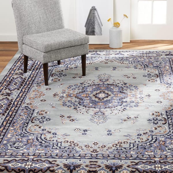 Premium Sakarya Grey/Blue 9 ft. x 12 ft. Medallion Area Rug