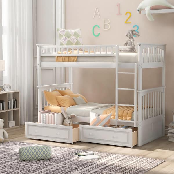 Polibi White Twin Over Twin Bunk Bed with Drawers, Convertible Beds