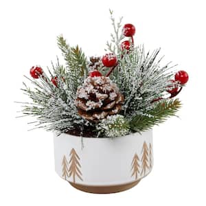 7 in. H x 4.25 in. Ceramic Arrangement Reverse Christmas Tree Pot with Pinecones and Berries in White