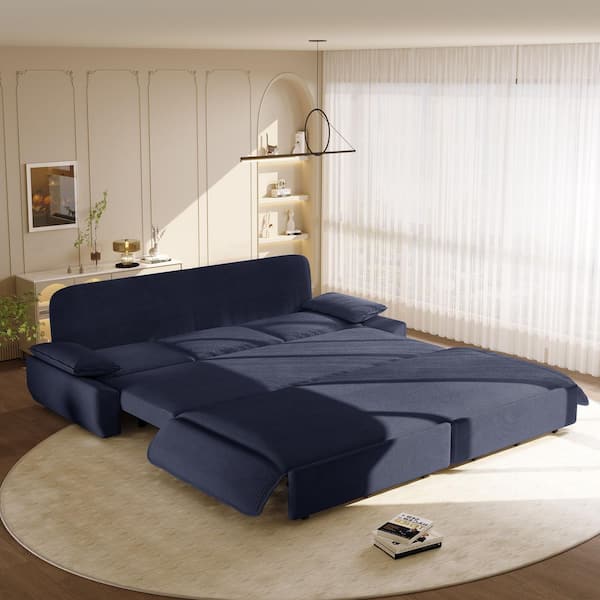 94.5 in. Blue Corduroy King Size Pull-Out Sofa Bed, 3-in-1 Convertible Sleeper Sofa with Side Storage