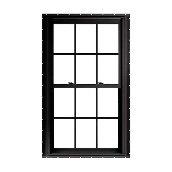 31.75 in. x 54 in. 70 Series Low-E Argon Glass Double Hung No J Black Vinyl Fin Window with Grids, Screen Included