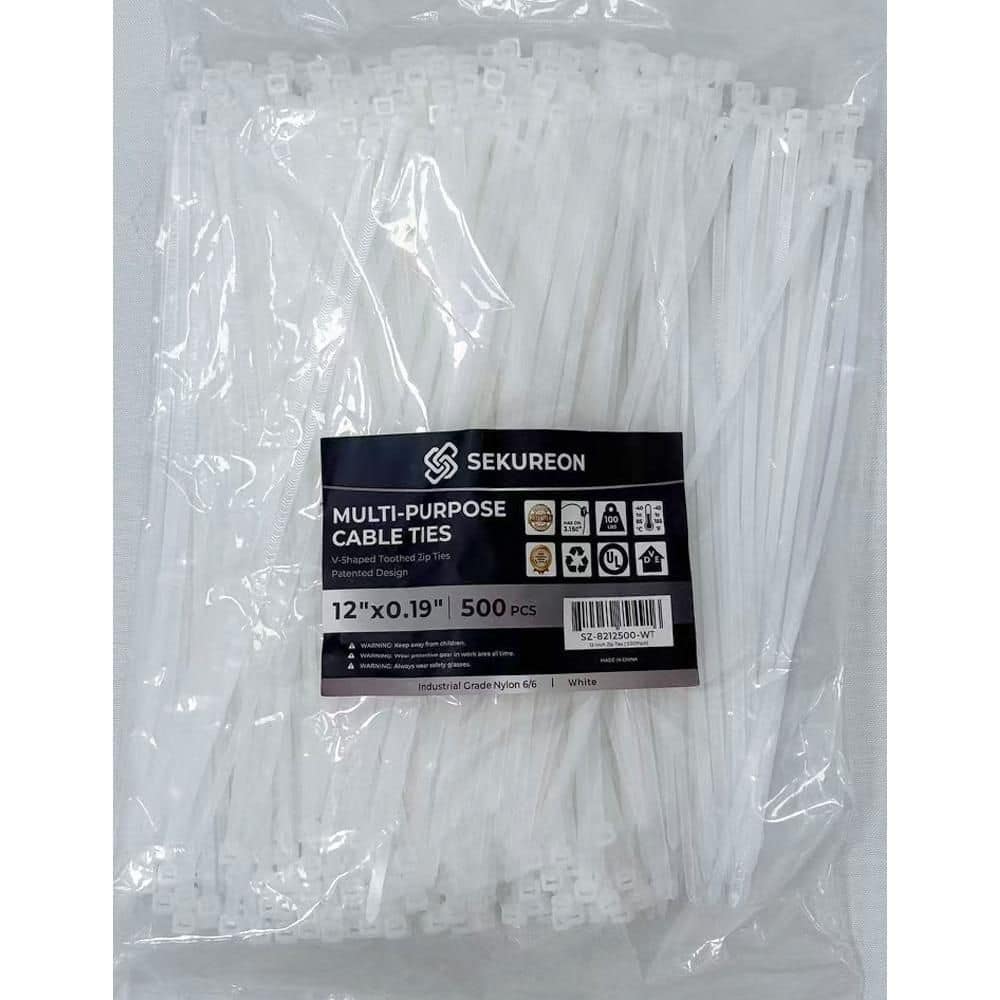 12 in. Zip Ties Double Sided Toothed 100 lbs. Tensile Strength Heavy Duty Cable Wire Ties Nylon Tie Wraps White 500-Pack price history on PriceWatchPro
