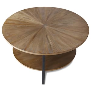 35.27 in. Rustic Brown Round Wood Coffee Table with Storage Shelf