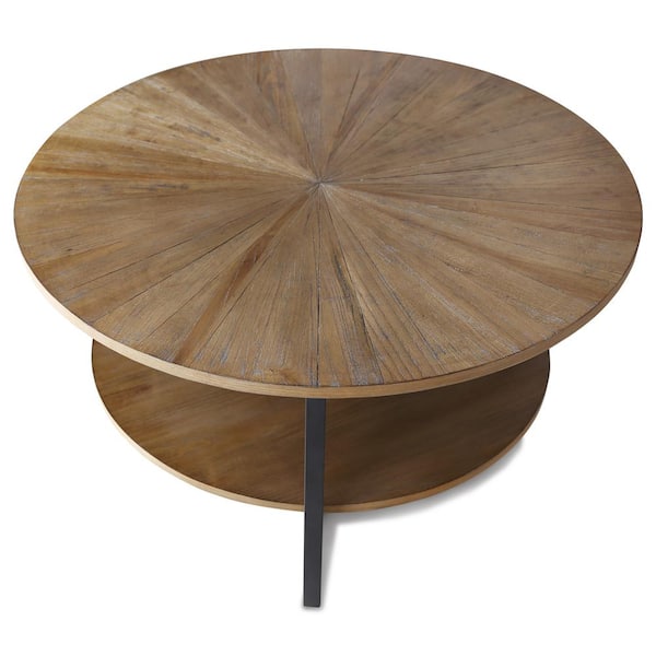 Kahomvis 35.27 in. Rustic Brown Round Wood Coffee Table with Storage Shelf