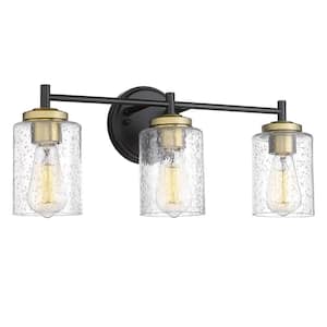 22.4 in. 3-Light Matte Black and Brushed Brass Vanity Light with Seeded Glass Shade for Bathroom