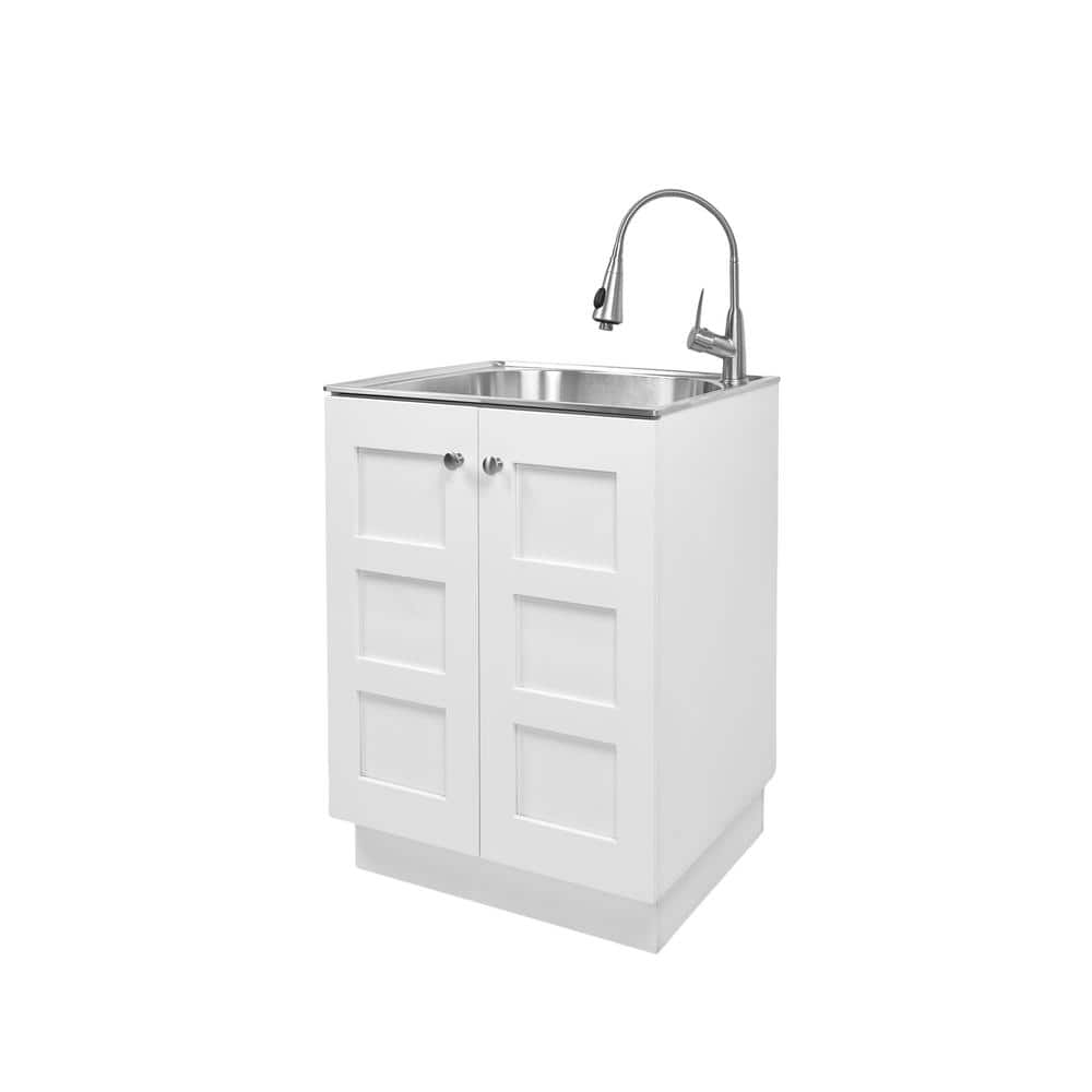 24 in. W x 21 in. D x 34 in. L Stainless Steel Laundry Sink with Faucet and Double Reversible Doors Cabinet in White -  Glacier Bay, QL039