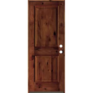 30 in. x 80 in. Rustic Knotty Alder Square Top Red Chestnut Stain Left-Hand Inswing Wood Single Prehung Front Door