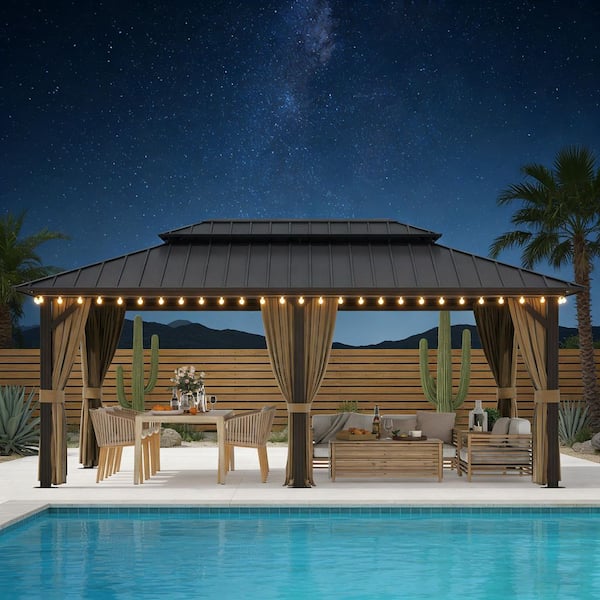12 ft. x 20 ft. Aluminum Hardtop Gazebo with Double Galvanized Steel Roof, Netting and Curtains for Patio and Backyard