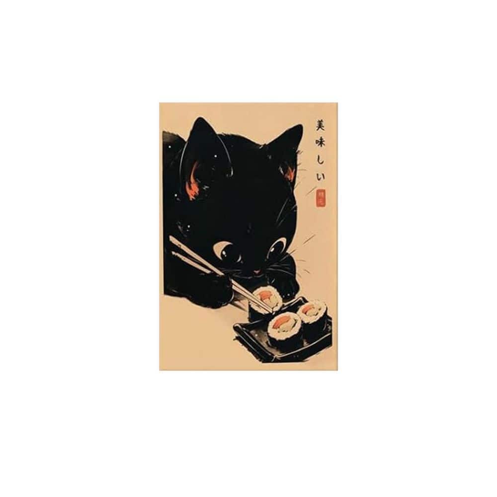 Vintage Cute Black Cat Eating Sushi Posters Hungry Animal Eating Canvas ...