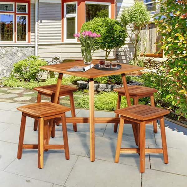 5-Piece Acacia Wood Outdoor Dining Set Patio Dining Set with Square Table and 4 Stools
