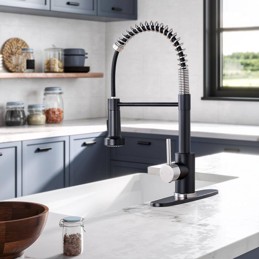 Matte Black and Brushed Nickel Pull-Down Kitchen Faucet with Spray
