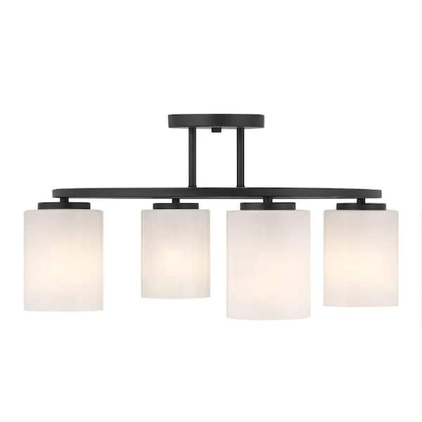 Herron 24 in. 4-Light Matte Black Modern Contemporary Semi-Flush Mount Ceiling Light White Cylinder Strie Glass Shades