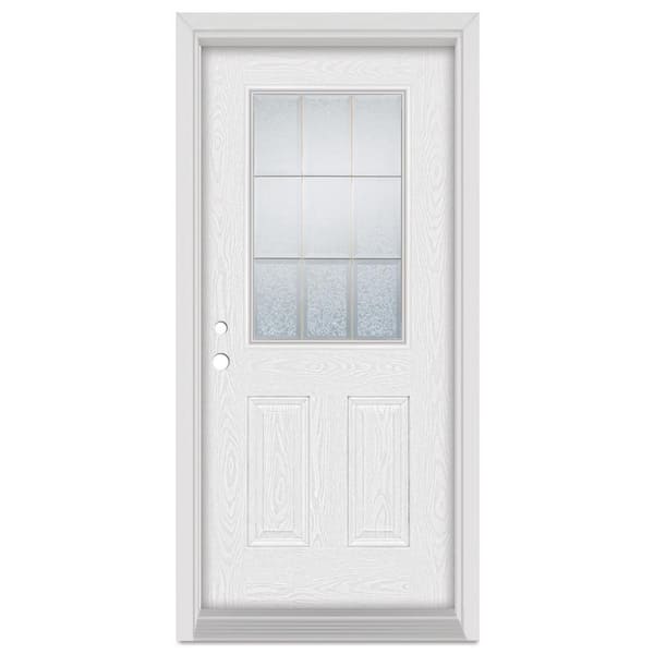 Stanley Doors 32 in. x 80 in. Geometric Right-Hand 1/2 Lite Brass Finished Fiberglass Oak Woodgrain Prehung Front Door