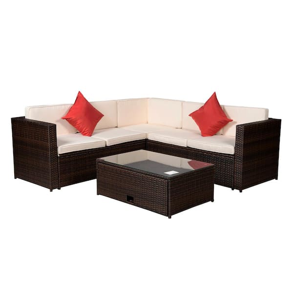 Unbranded Brown 4-Piece Wicker Patio Conversation Seating Set with Beige Cushions and 2 Red Pillows