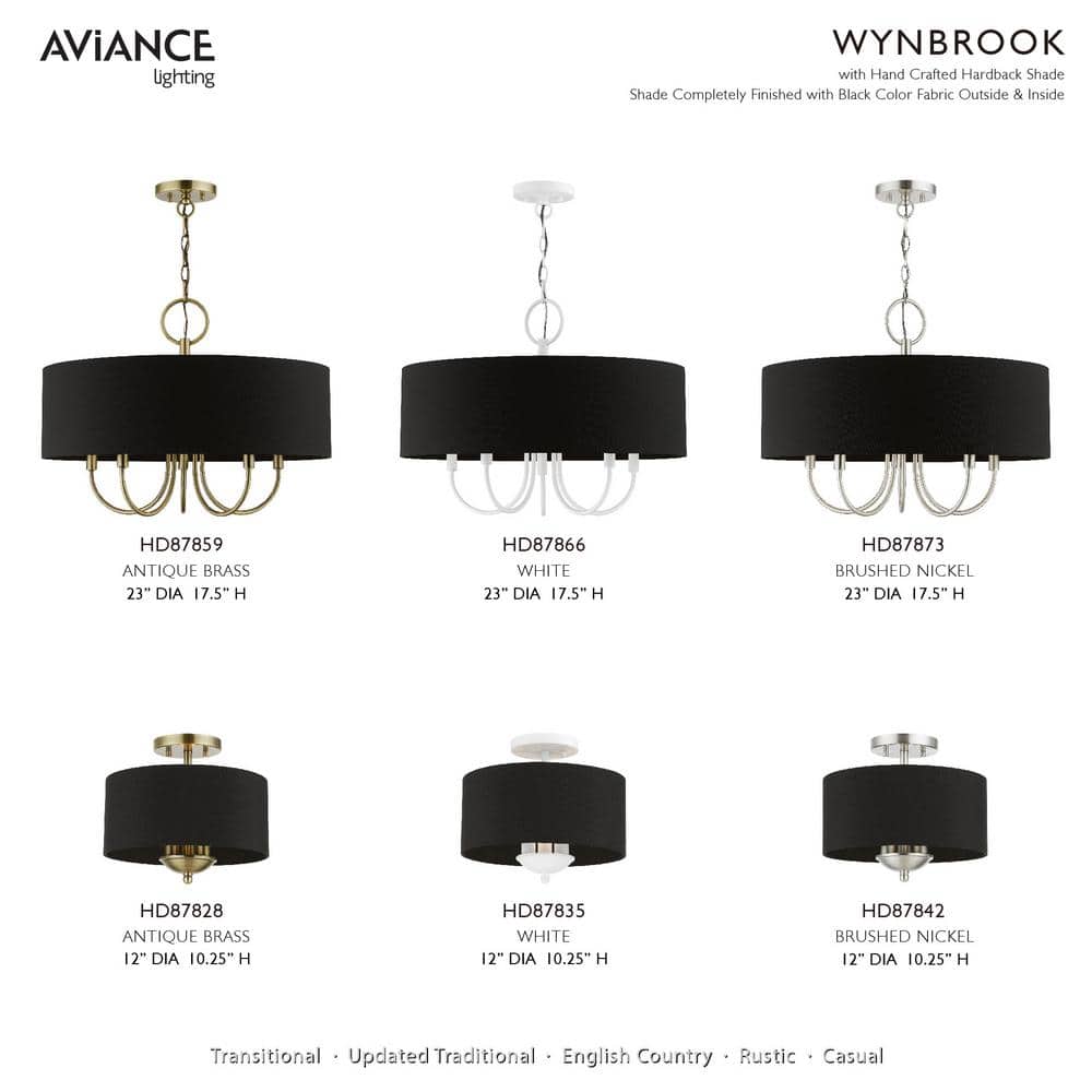 Antique Brass 3-Light Transitional Semi-Flush Mount with Black Fabric Shade
