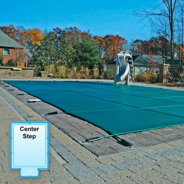 GLI Pool Products 16 ft. x 32 ft. Rectangle Green Mesh In-Ground Safety Pool Cover with 4 ft. x 8 ft. Center Step