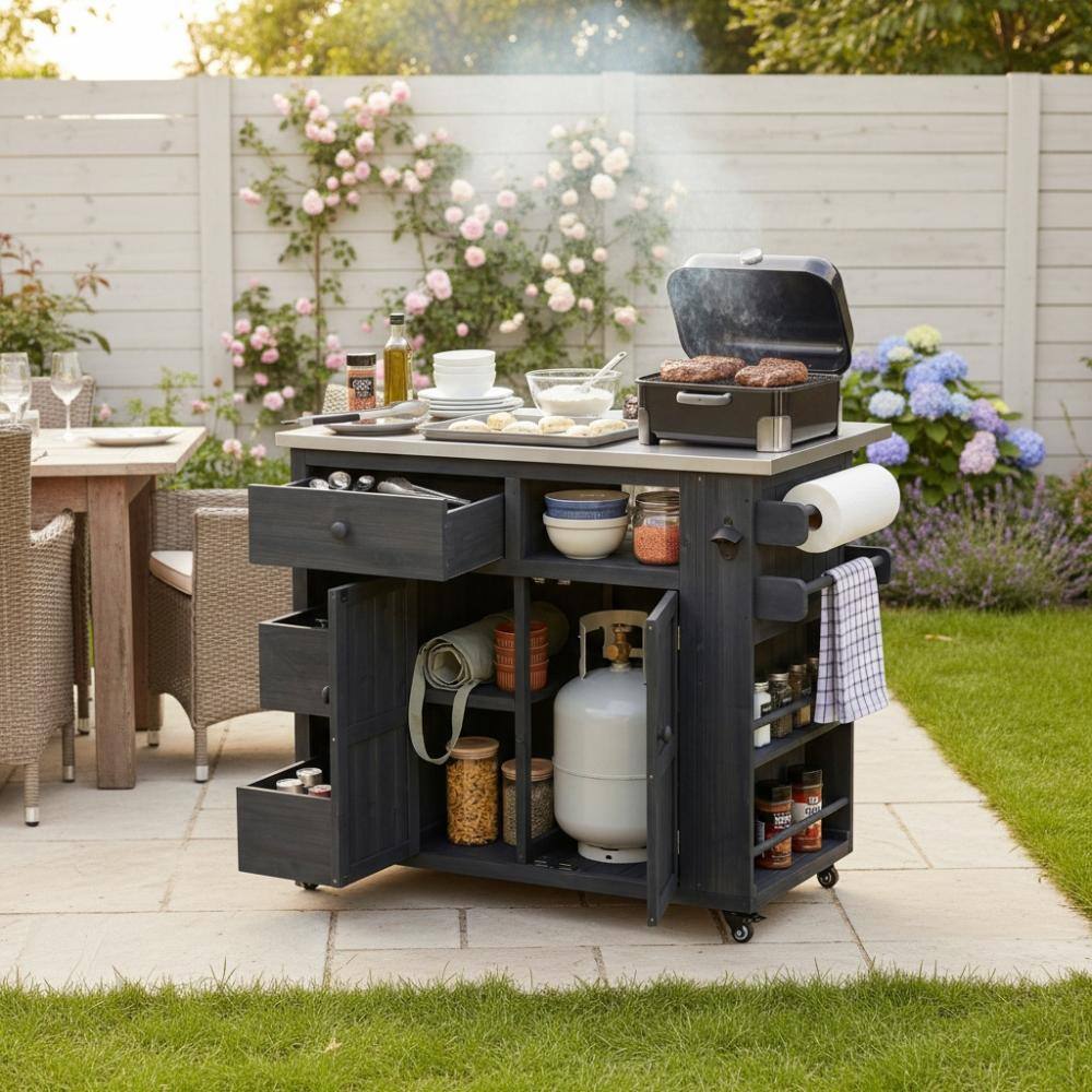 JPJPUU Black Outdoor Solid Wood Extendable Grill Cart with Steel
