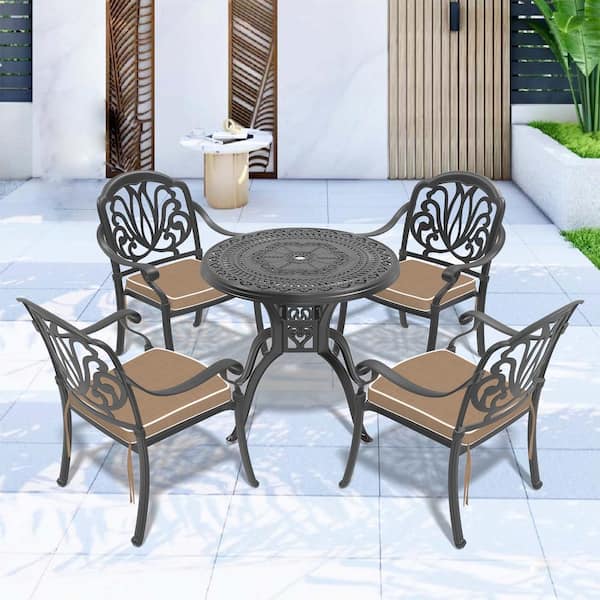 Willit Elizabeth Black 5-Piece Cast Aluminum Outdoor Dining Set with 31.50 in. Round Table and Random Color Seat Cushions