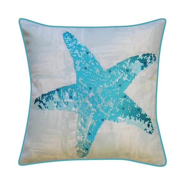 Blue Embroidered Starfish Indoor/Outdoor 18 x 18 Decorative Throw Pillow