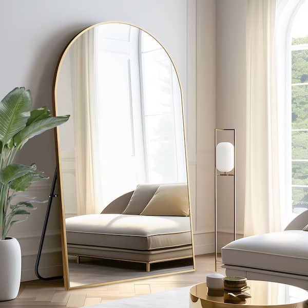 Lirago 39 in. W. x 71 in. H Full Length Arched Free Standing Body Mirror, Metal Framed Wall Mirror, Large Floor Mirror in Gold