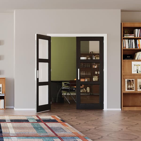 60 in. x 80 in. MDF, 3 Lite, Clear Glass, Black, Composite Pantry Door, Interior Door Slab w/ Ball Catch and Top Latch