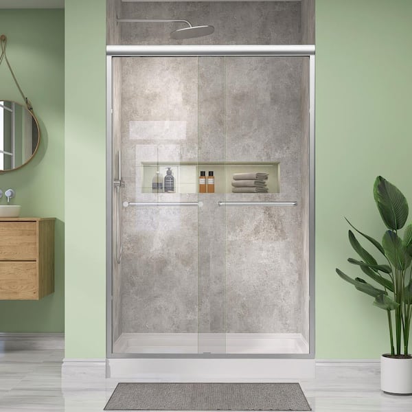 Zeafive 44 to 48 in. W x 72 in. H Double Sliding Shower Door in Brushed Nickel Framed Bypass Alcove Shower Door with Clear Glass