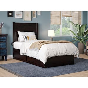 NoHo Espresso Twin Solid Wood Platform Bed with Footboard and Twin Trundle