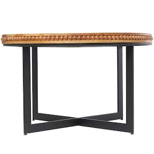 30 in. Brown Medium Round Wood Beaded Coffee Table with Metal X-Shaped Base