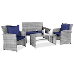 Gray 4-Piece Wicker Patio Conversation Set with Navy Cushions, 4 Seats, Tempered Glass Table Top