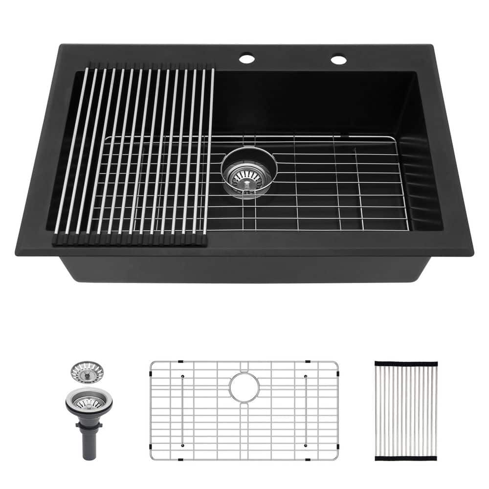 33 in. Drop-In Quartz/Granite Composite 2-Hole Single Bowl Kitchen Sink in Black with Accessories price history on PriceWatchPro