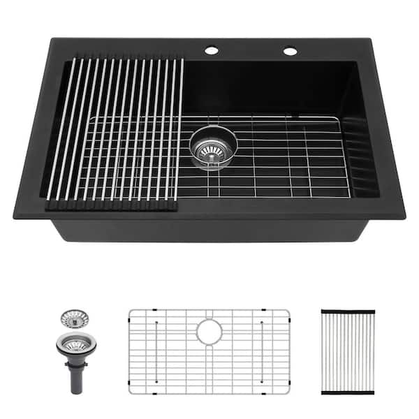 33 in. Drop-In Quartz/Granite Composite 2-Hole Single Bowl Kitchen Sink in Black with Accessories