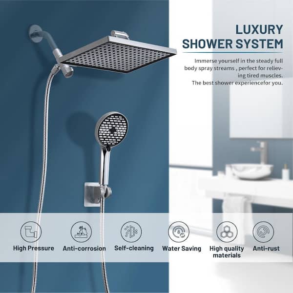 Rainfall Shower Head Combo 6-Spray 12 in. Wall Mount Dual Shower Heads and Handheld Shower Head with 1.8 GPM in Chrome