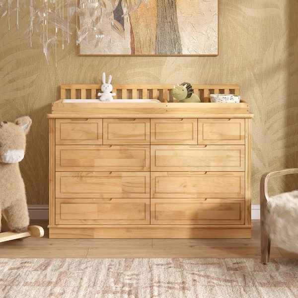 100% Solid Pine Wood 10-Drawer 55.1 in. Dresser with Convertible Design and Nursery Organizer, Ample Storage