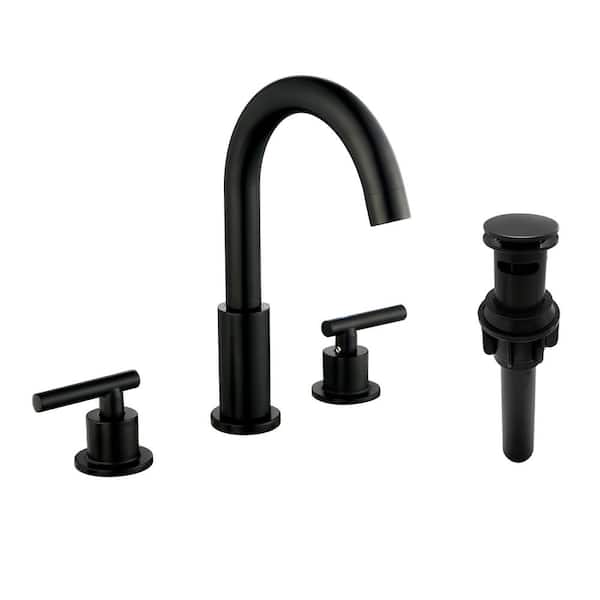 FORCLOVER 8 in. Widespread Double-Handle Bathroom Faucet with Drain Kit in Matte Black (1-Pack)