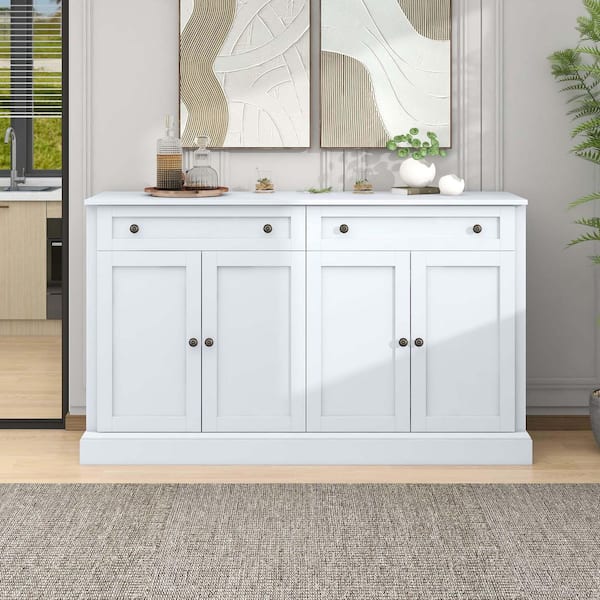 58 in. W x 16 in. D x 34 in. H White Linen Cabinet, Kitchen Sideboard Storage Buffet Cabinet with Drawers and Doors