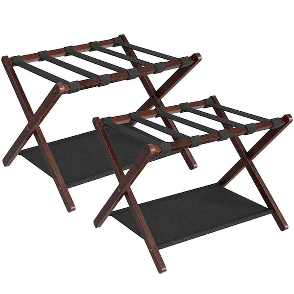 2 Pack Brown and Black Folding Luggage Racks, Bamboo Suitcase Stands with Straps and Shelf for Guest Room Hotel Bedroom