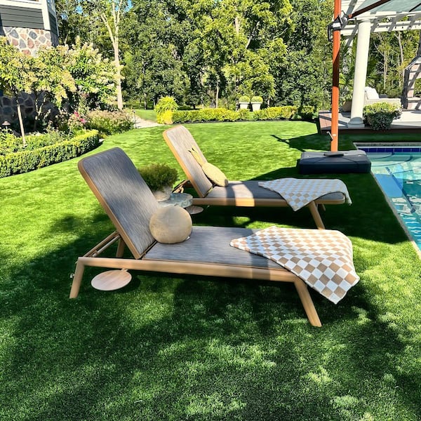 PURPLE LEAF Chaise Lounge Teak 2 pieces Metal Outdoor Recliner w/Slide-Out Side Table with Beige/Tan Cushion Adjustable Backrest