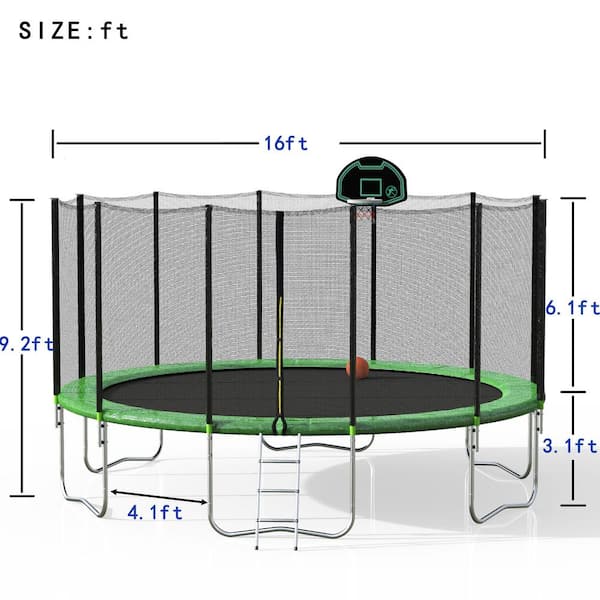 Upgraded 14 16 FT Trampoline with Basketball Hoop Jump Mat & Spring Cover Outdoor Trampoline for Adults & Kids with Wind Stakes Recreational Trampoline with Unique Balance Bar and Enclosure Net 